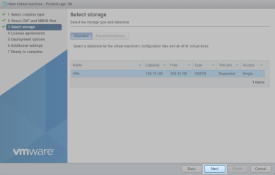 ESXi wizard where you select the storage option for the virtual machine, and the Next button in the lower right is highlighted. 